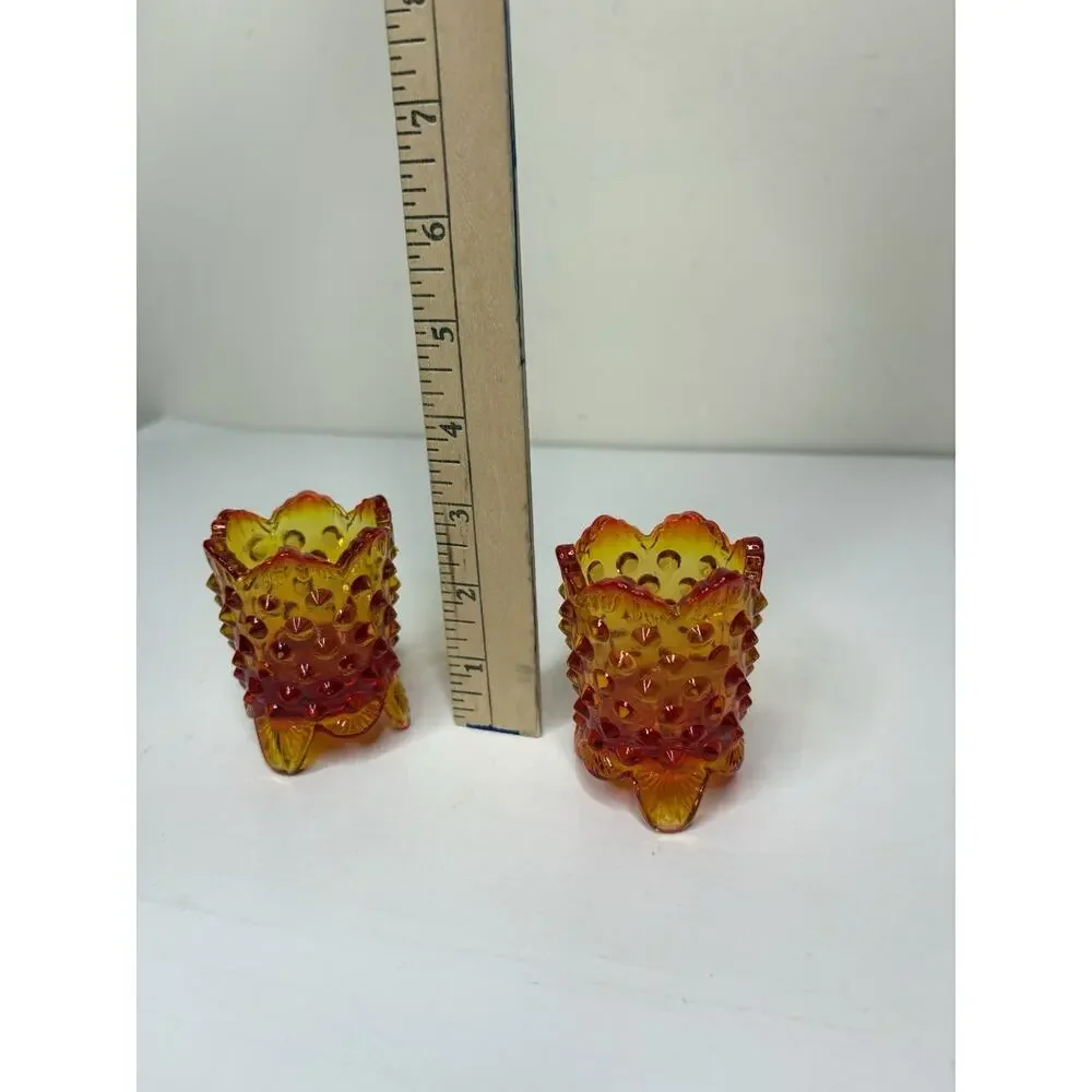 Vintage Fenton Orange Red Amberina Hobnail Footed Toothpick Holder Set of 2